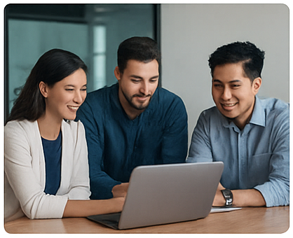Team of three professionals collaborating around a laptop