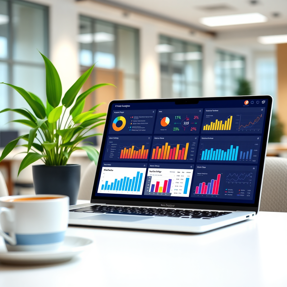 Laptop displaying analytics dashboard with charts and graphs